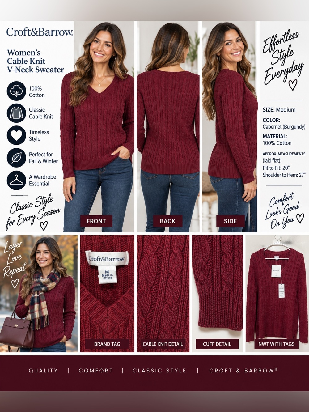 Croft & Barrow Women’s Medium Cable Knit V-Neck Sweater Cabernet Burgundy NWT